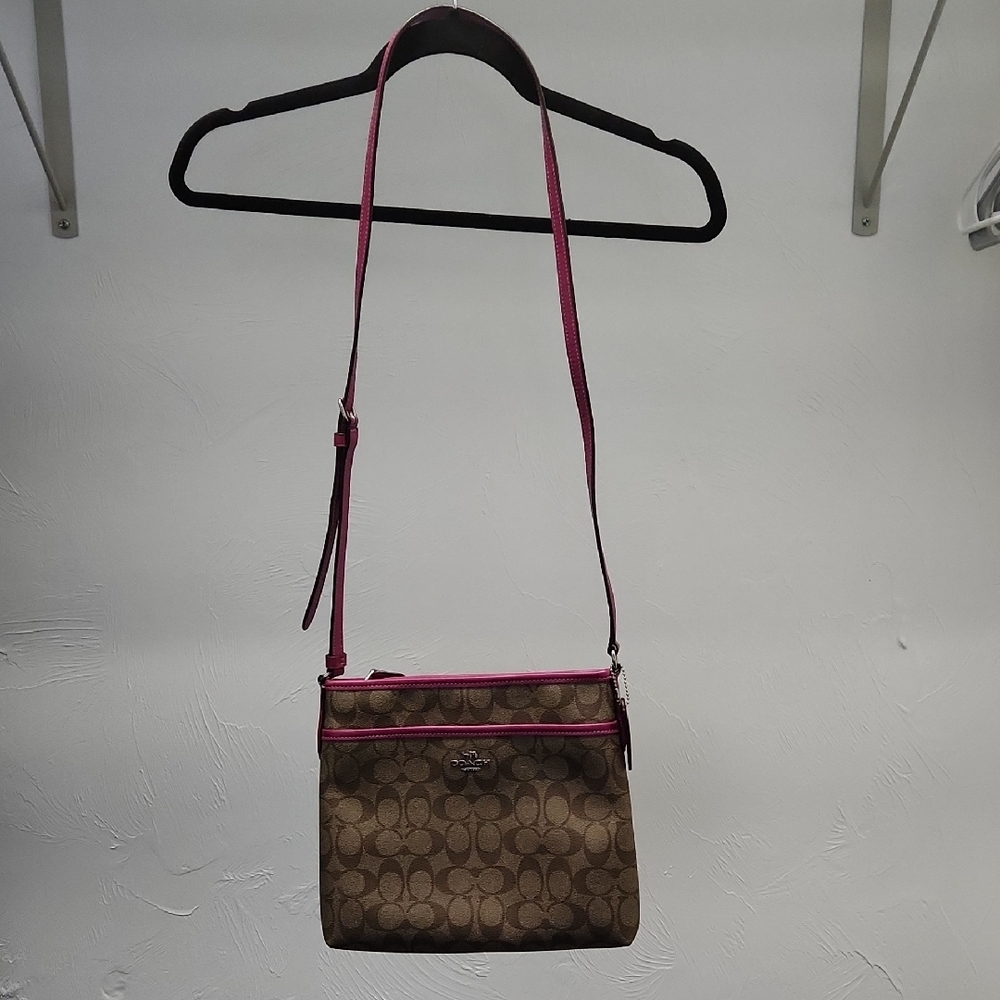 Coach Light Brown Coated Canvas and Pink Crossbody Bag Zippered Top Like New